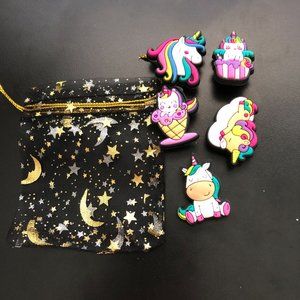 Unicorn Shoe Charms 5 Piece Variety Pack in Moon & Stars Sparkle Bag 1" Charms